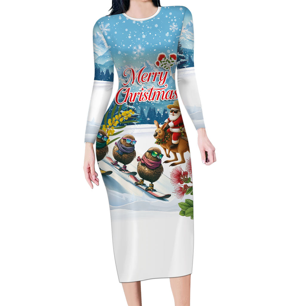 New Zealand and Australia Merry Christmas Long Sleeve Bodycon Dress Kiwi Birds Skiing and Koala Santa Riding Kangaroo
