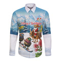 New Zealand and Australia Merry Christmas Long Sleeve Button Shirt Kiwi Birds Skiing and Koala Santa Riding Kangaroo