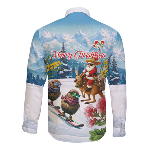 New Zealand and Australia Merry Christmas Long Sleeve Button Shirt Kiwi Birds Skiing and Koala Santa Riding Kangaroo