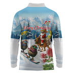 New Zealand and Australia Merry Christmas Long Sleeve Polo Shirt Kiwi Birds Skiing and Koala Santa Riding Kangaroo