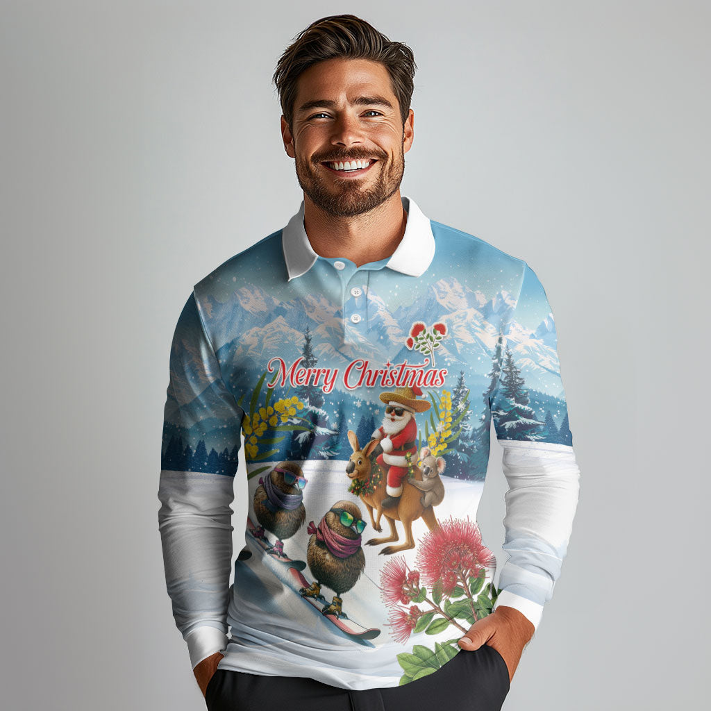 New Zealand and Australia Merry Christmas Long Sleeve Polo Shirt Kiwi Birds Skiing and Koala Santa Riding Kangaroo
