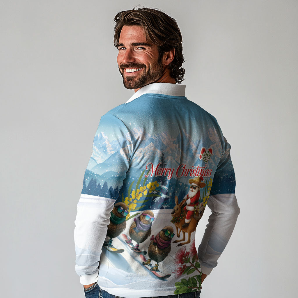 New Zealand and Australia Merry Christmas Long Sleeve Polo Shirt Kiwi Birds Skiing and Koala Santa Riding Kangaroo