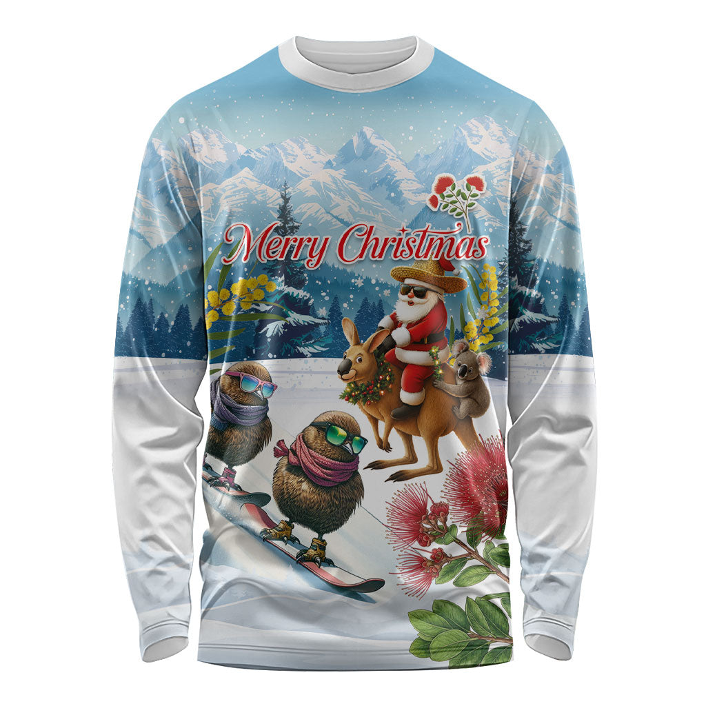 New Zealand and Australia Merry Christmas Long Sleeve Shirt Kiwi Birds Skiing and Koala Santa Riding Kangaroo