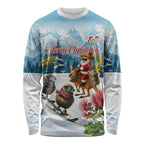 New Zealand and Australia Merry Christmas Long Sleeve Shirt Kiwi Birds Skiing and Koala Santa Riding Kangaroo