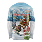 New Zealand and Australia Merry Christmas Long Sleeve Shirt Kiwi Birds Skiing and Koala Santa Riding Kangaroo