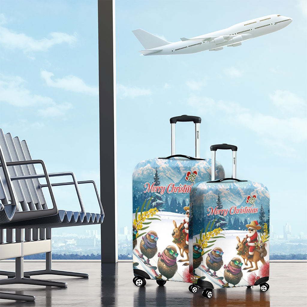 New Zealand and Australia Merry Christmas Luggage Cover Kiwi Birds Skiing and Koala Santa Riding Kangaroo