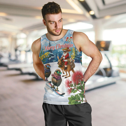 New Zealand and Australia Merry Christmas Men Tank Top Kiwi Birds Skiing and Koala Santa Riding Kangaroo