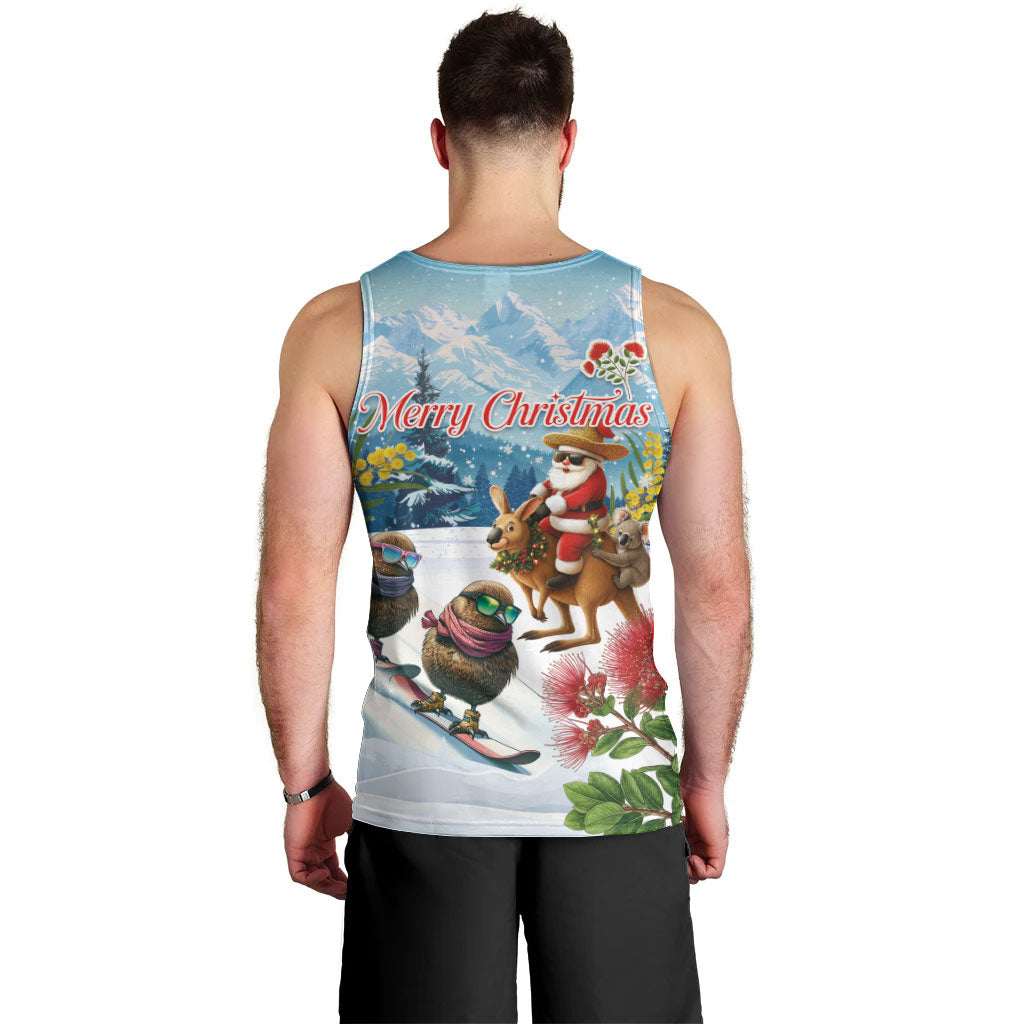 New Zealand and Australia Merry Christmas Men Tank Top Kiwi Birds Skiing and Koala Santa Riding Kangaroo
