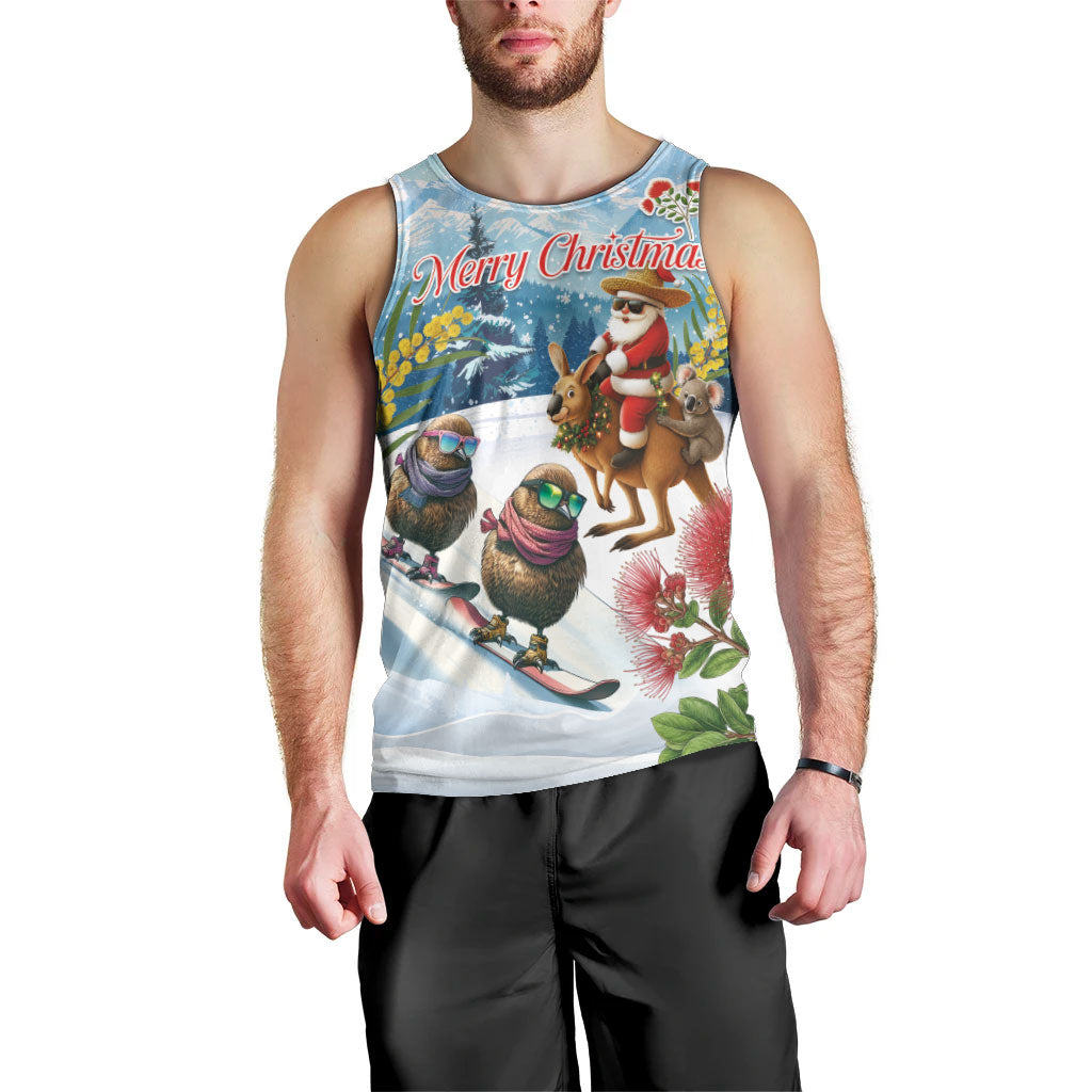 New Zealand and Australia Merry Christmas Men Tank Top Kiwi Birds Skiing and Koala Santa Riding Kangaroo