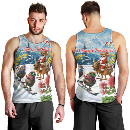 New Zealand and Australia Merry Christmas Men Tank Top Kiwi Birds Skiing and Koala Santa Riding Kangaroo