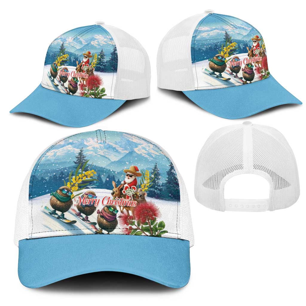 New Zealand and Australia Merry Christmas Mesh Trucker Cap Kiwi Birds Skiing and Santa Riding Kangaroo with Koala