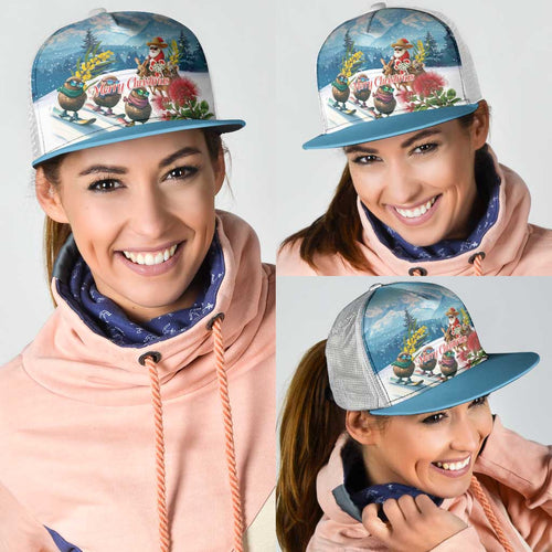 New Zealand and Australia Merry Christmas Mesh Trucker Cap Kiwi Birds Skiing and Santa Riding Kangaroo with Koala