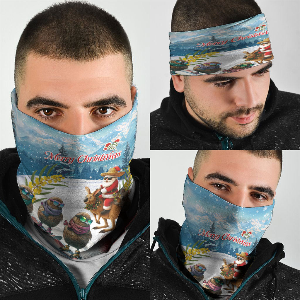 New Zealand and Australia Merry Christmas Neck Gaiter Kiwi Birds Skiing and Koala Santa Riding Kangaroo
