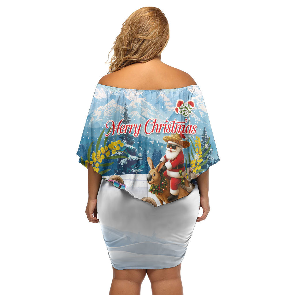 New Zealand and Australia Merry Christmas Off Shoulder Short Dress Kiwi Birds Skiing and Koala Santa Riding Kangaroo