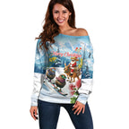 New Zealand and Australia Merry Christmas Off Shoulder Sweater Kiwi Birds Skiing and Koala Santa Riding Kangaroo