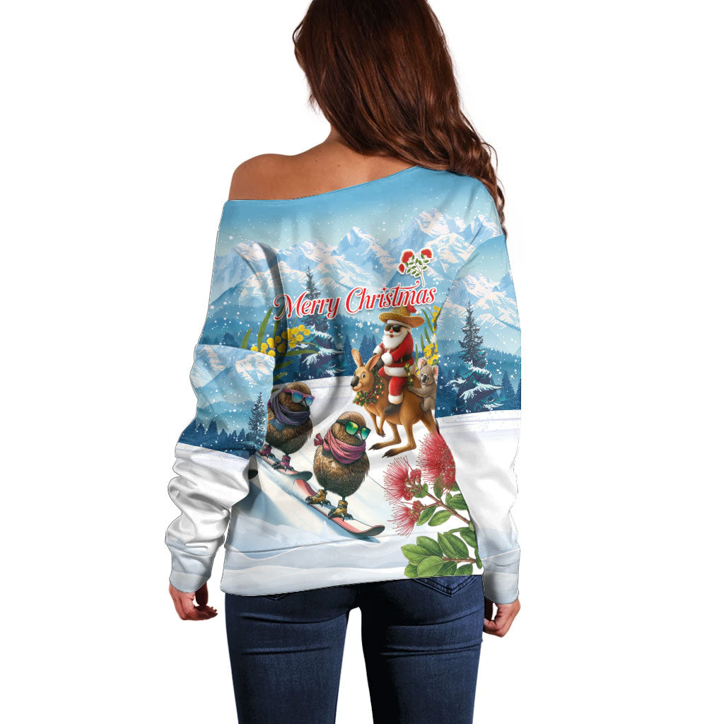 New Zealand and Australia Merry Christmas Off Shoulder Sweater Kiwi Birds Skiing and Koala Santa Riding Kangaroo