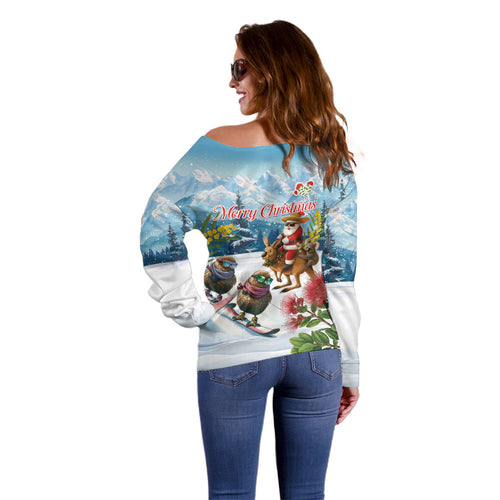 New Zealand and Australia Merry Christmas Off Shoulder Sweater Kiwi Birds Skiing and Koala Santa Riding Kangaroo