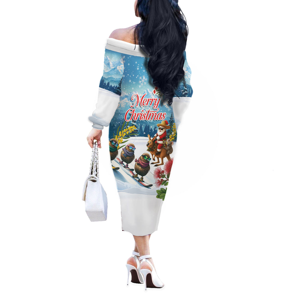 New Zealand and Australia Merry Christmas Off The Shoulder Long Sleeve Dress Kiwi Birds Skiing and Koala Santa Riding Kangaroo