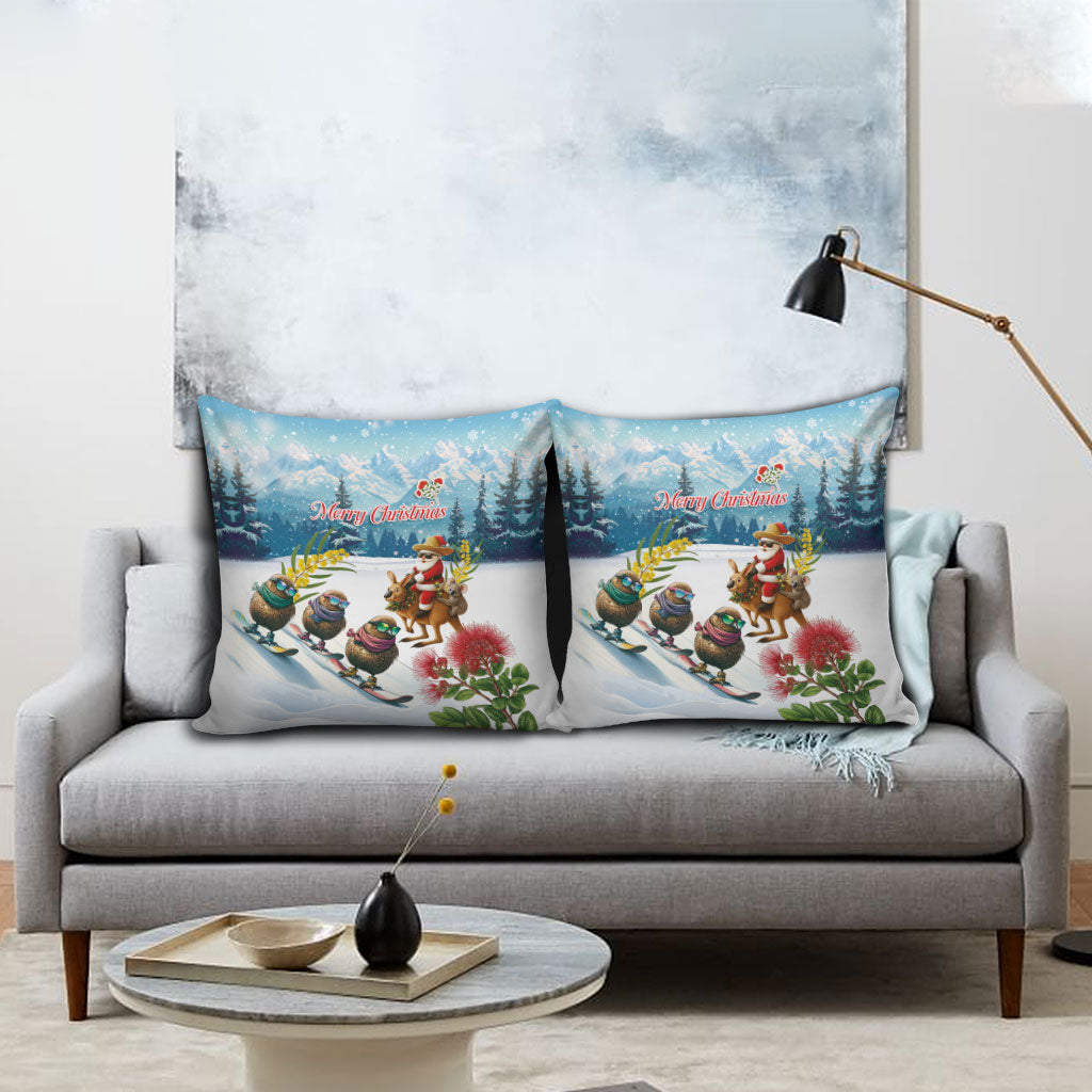New Zealand and Australia Merry Christmas Pillow Cover Kiwi Birds Skiing and Koala Santa Riding Kangaroo
