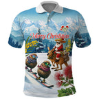 New Zealand and Australia Merry Christmas Polo Shirt Kiwi Birds Skiing and Koala Santa Riding Kangaroo