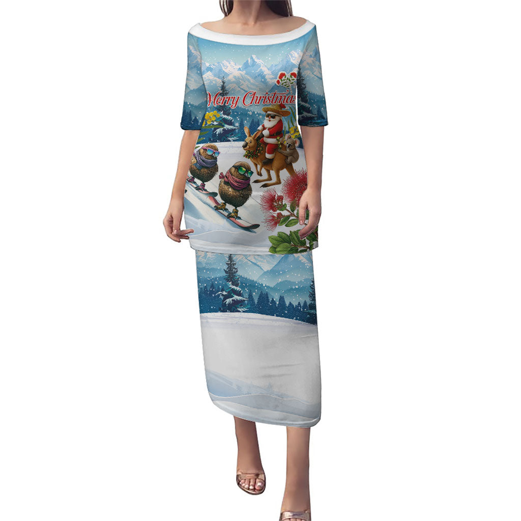 New Zealand and Australia Merry Christmas Puletasi Kiwi Birds Skiing and Koala Santa Riding Kangaroo