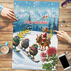 New Zealand and Australia Merry Christmas Puzzle Kiwi Birds Skiing and Koala Santa Riding Kangaroo