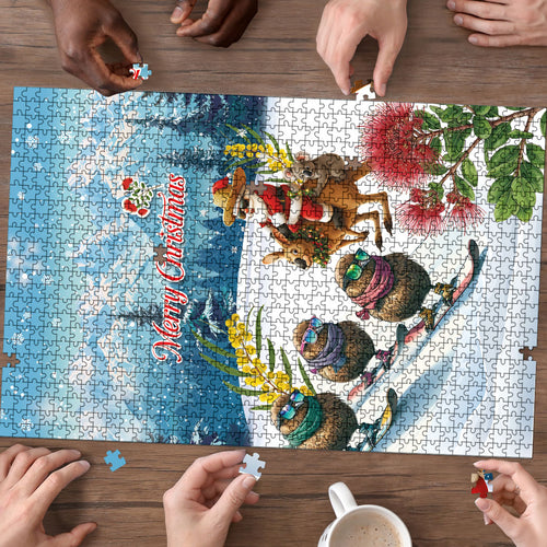 New Zealand and Australia Merry Christmas Puzzle Kiwi Birds Skiing and Koala Santa Riding Kangaroo