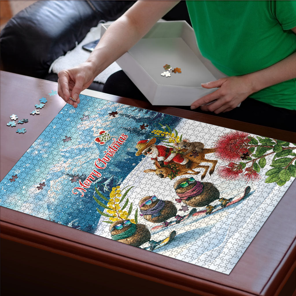 New Zealand and Australia Merry Christmas Puzzle Kiwi Birds Skiing and Koala Santa Riding Kangaroo