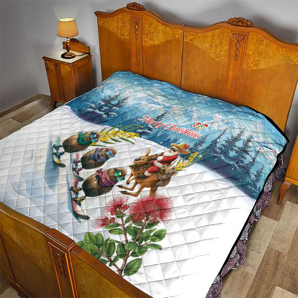 New Zealand and Australia Merry Christmas Quilt Kiwi Birds Skiing and Koala Santa Riding Kangaroo