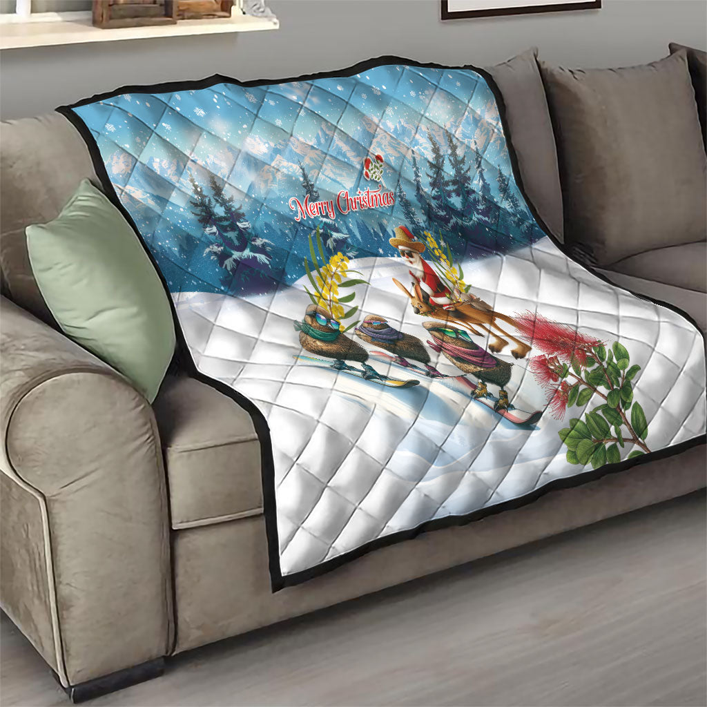 New Zealand and Australia Merry Christmas Quilt Kiwi Birds Skiing and Koala Santa Riding Kangaroo