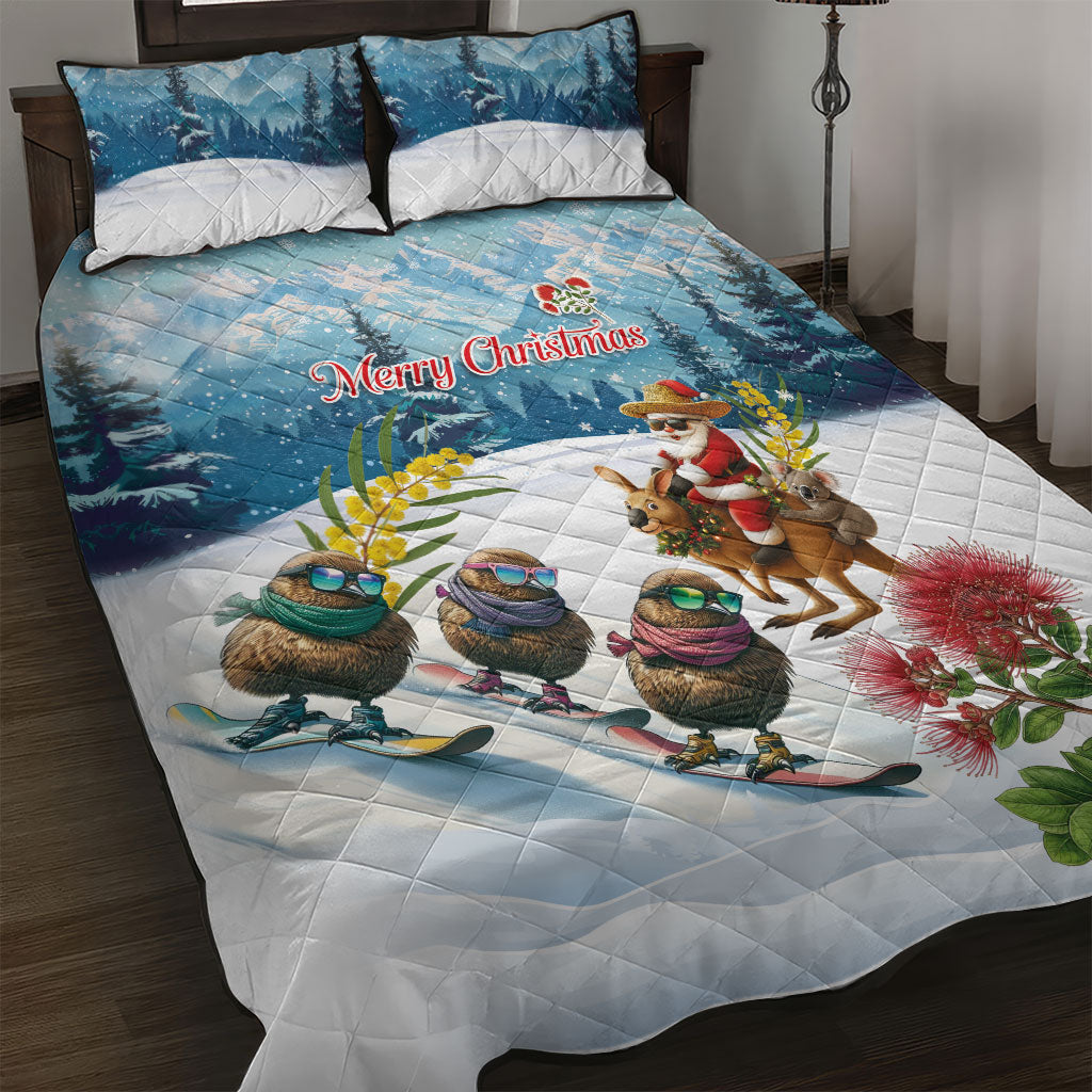 New Zealand and Australia Merry Christmas Quilt Bed Set Kiwi Birds Skiing and Koala Santa Riding Kangaroo
