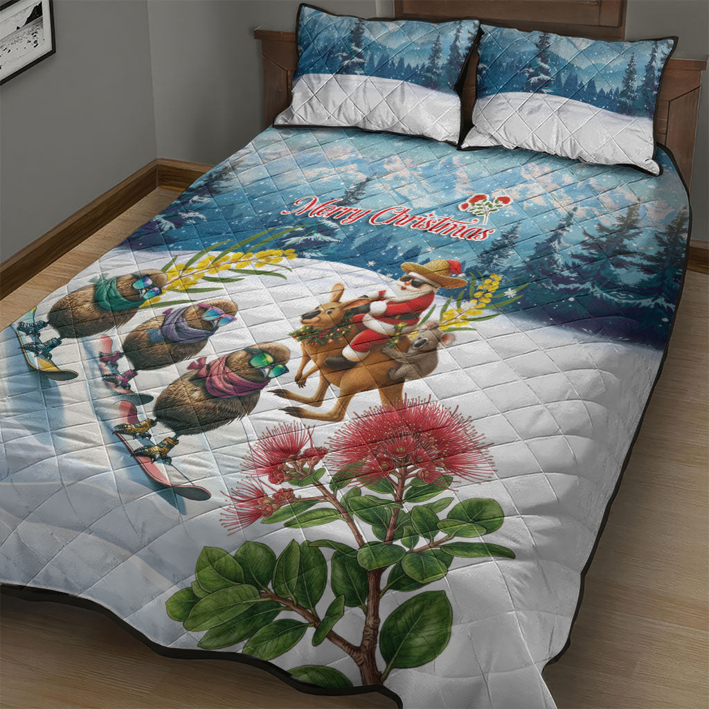 New Zealand and Australia Merry Christmas Quilt Bed Set Kiwi Birds Skiing and Koala Santa Riding Kangaroo