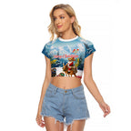 New Zealand and Australia Merry Christmas Raglan Cropped T Shirt Kiwi Birds Skiing and Koala Santa Riding Kangaroo