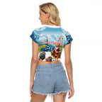 New Zealand and Australia Merry Christmas Raglan Cropped T Shirt Kiwi Birds Skiing and Koala Santa Riding Kangaroo
