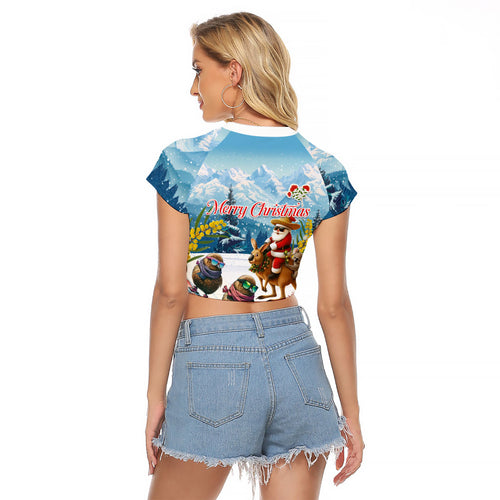 New Zealand and Australia Merry Christmas Raglan Cropped T Shirt Kiwi Birds Skiing and Koala Santa Riding Kangaroo