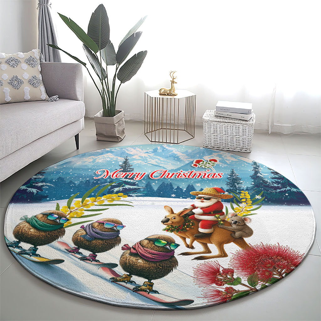 New Zealand and Australia Merry Christmas Round Carpet Kiwi Birds Skiing and Koala Santa Riding Kangaroo