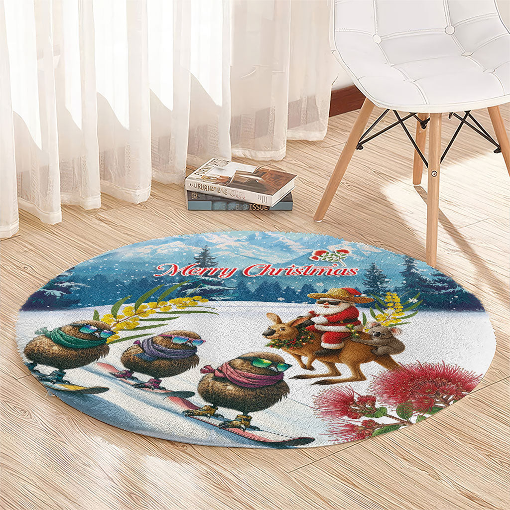 New Zealand and Australia Merry Christmas Round Carpet Kiwi Birds Skiing and Koala Santa Riding Kangaroo