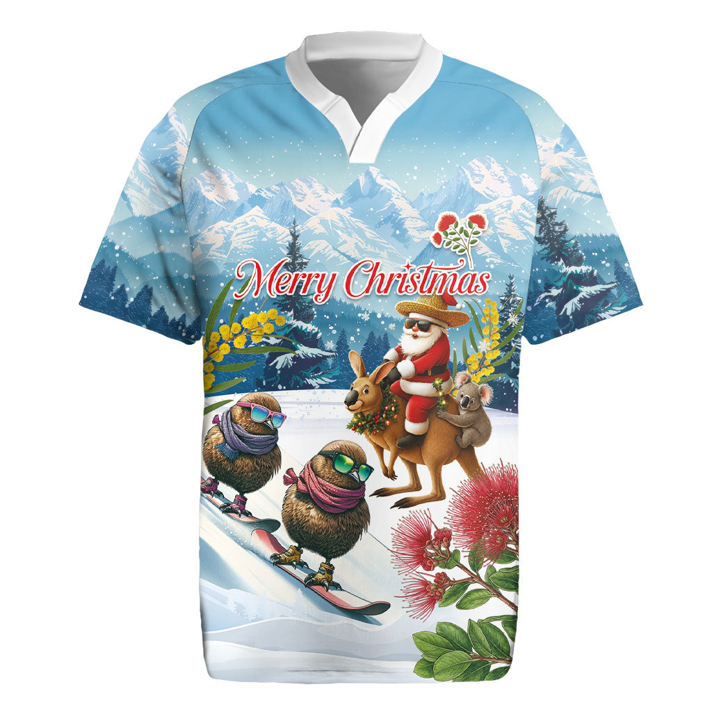 New Zealand and Australia Merry Christmas Rugby Jersey Kiwi Birds Skiing and Koala Santa Riding Kangaroo