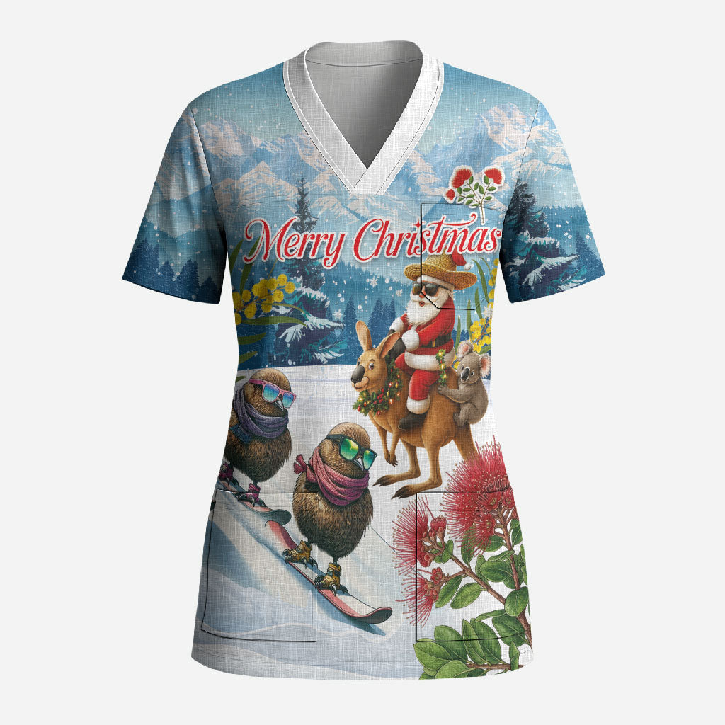 New Zealand and Australia Merry Christmas Scrub Top Kiwi Birds Skiing and Koala Santa Riding Kangaroo