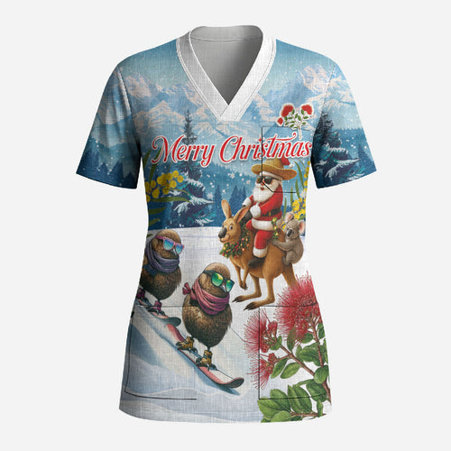 New Zealand and Australia Merry Christmas Scrub Top Kiwi Birds Skiing and Koala Santa Riding Kangaroo