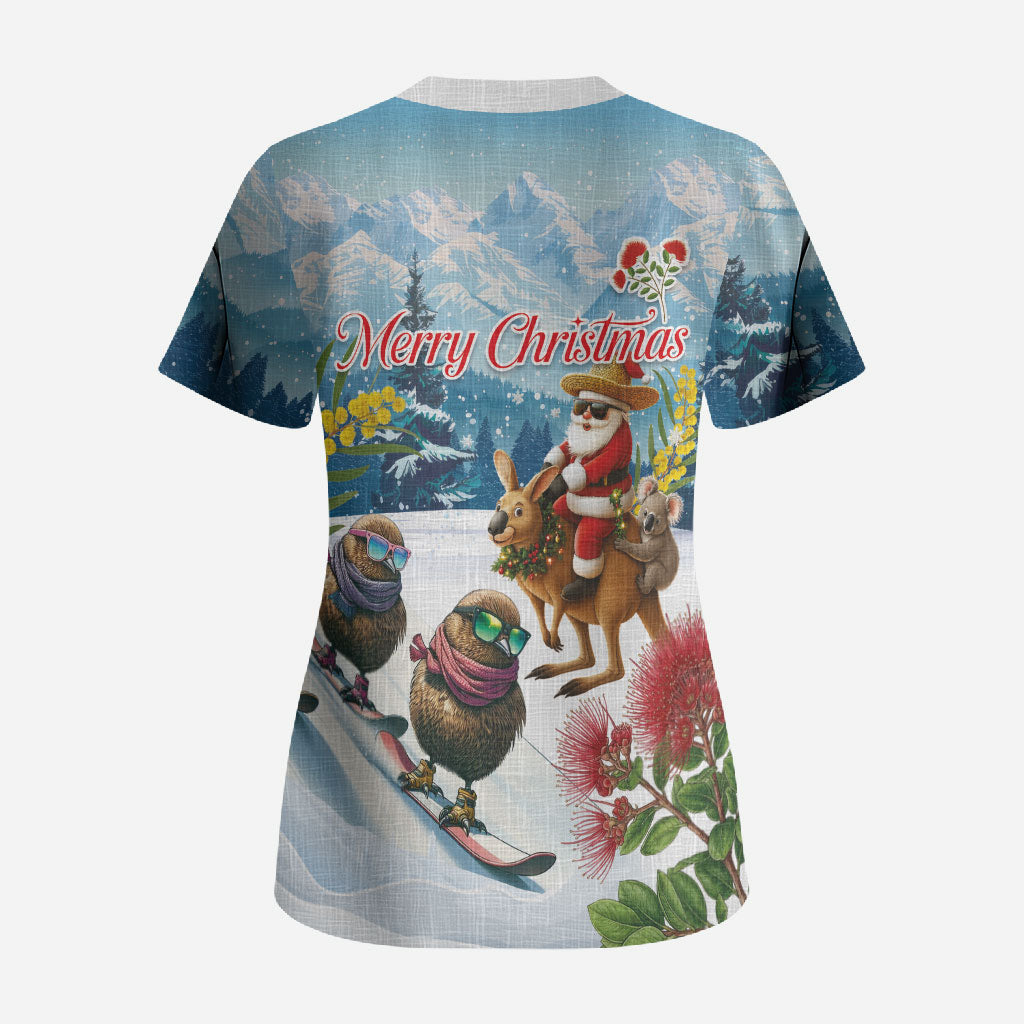 New Zealand and Australia Merry Christmas Scrub Top Kiwi Birds Skiing and Koala Santa Riding Kangaroo