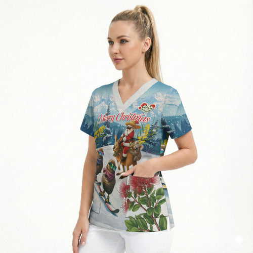 New Zealand and Australia Merry Christmas Scrub Top Kiwi Birds Skiing and Koala Santa Riding Kangaroo