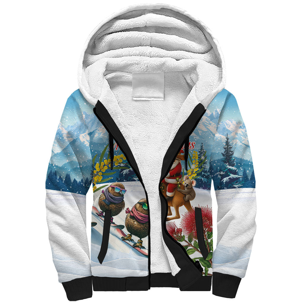 New Zealand and Australia Merry Christmas Sherpa Hoodie Kiwi Birds Skiing and Koala Santa Riding Kangaroo