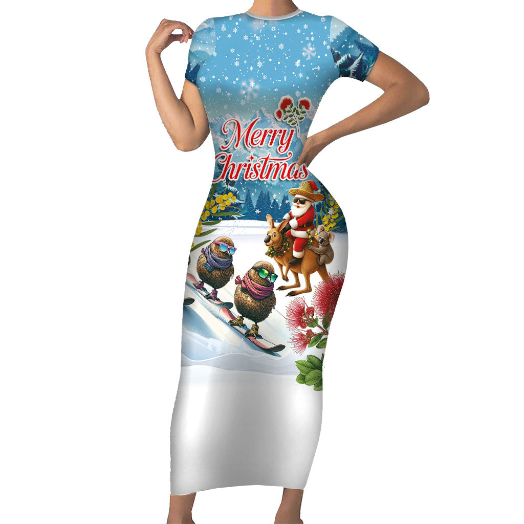 New Zealand and Australia Merry Christmas Short Sleeve Bodycon Dress Kiwi Birds Skiing and Koala Santa Riding Kangaroo