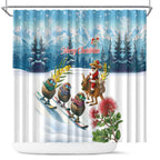 New Zealand and Australia Merry Christmas Shower Curtain Kiwi Birds Skiing and Koala Santa Riding Kangaroo