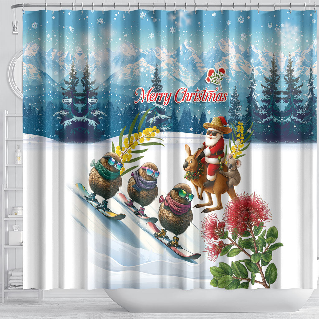 New Zealand and Australia Merry Christmas Shower Curtain Kiwi Birds Skiing and Koala Santa Riding Kangaroo