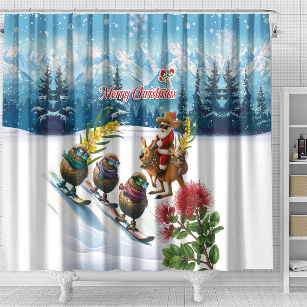 New Zealand and Australia Merry Christmas Shower Curtain Kiwi Birds Skiing and Koala Santa Riding Kangaroo
