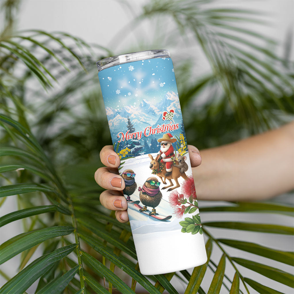 New Zealand and Australia Merry Christmas Skinny Tumbler Kiwi Birds Skiing and Koala Santa Riding Kangaroo
