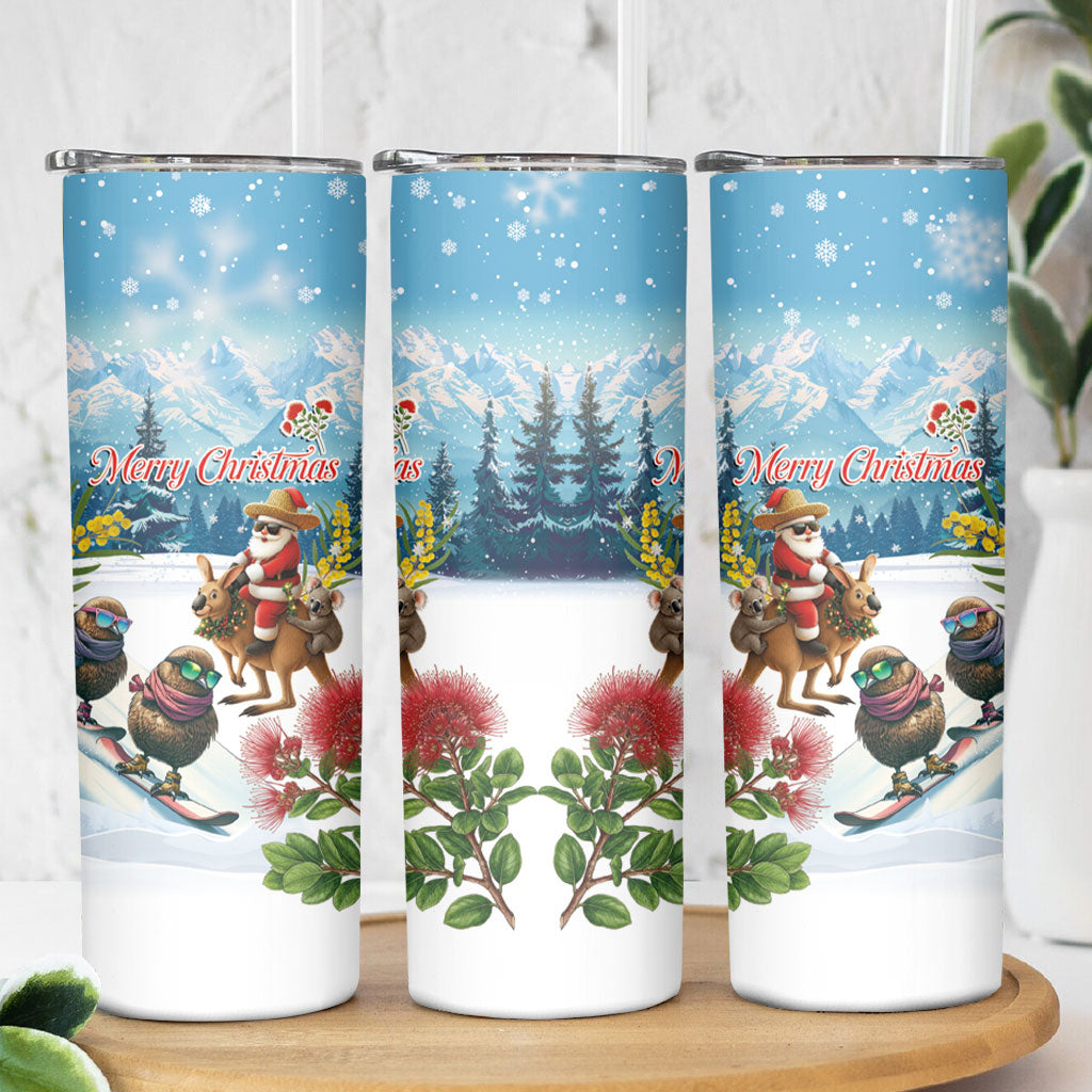 New Zealand and Australia Merry Christmas Skinny Tumbler Kiwi Birds Skiing and Koala Santa Riding Kangaroo