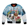 New Zealand and Australia Merry Christmas Sleeve Zip Bomber Jacket Kiwi Birds Skiing and Koala Santa Riding Kangaroo